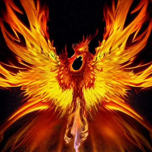 Prompt: hyperdetailed image of a phoenix with its full body flaming and wings spread 8 k extremely detailed hd hyperrealism fiery extremely accurate unreal engine