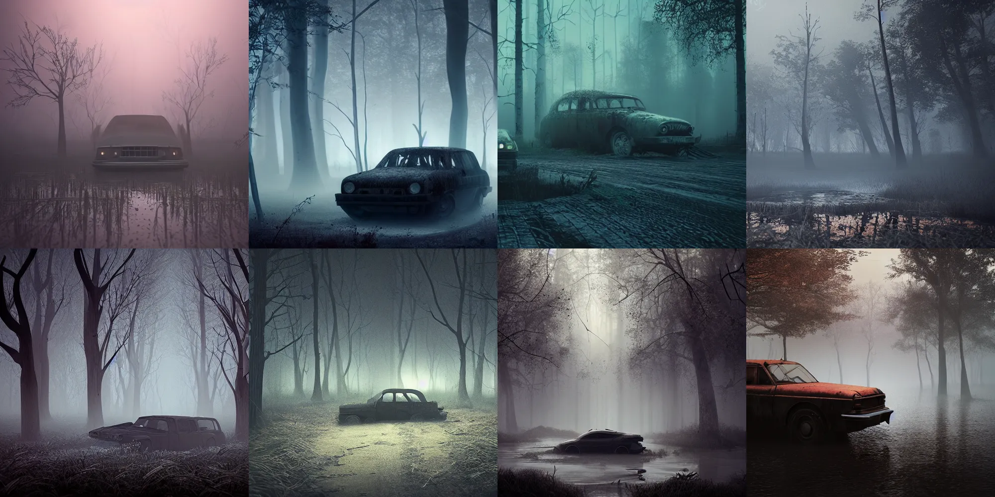 Image similar to beautiful dark creepy foggy swamp landscape, old abandoned car sinking, in the style of beeple and Mike Winkelmann, intricate, epic lighting, cinematic composition, hyper realistic, 8k resolution, unreal engine 5,