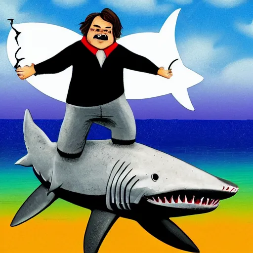 Image similar to jack black riding a shark, ocean, rainbow