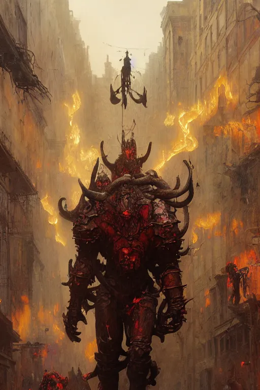 Prompt: huge bipedal hell demon with bulbous torso and flaming head wearing armour walks down city street, painted by ruan jia, raymond swanland, lawrence alma tadema, zdzislaw beksinski, norman rockwell, jack kirby, tom lovell, alex malveda, greg staples