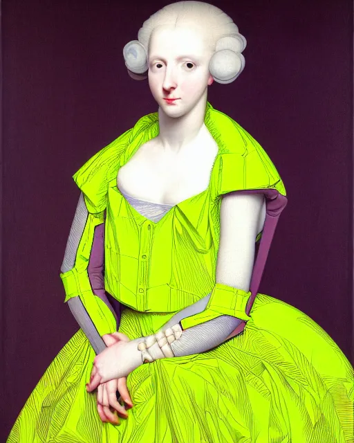 Prompt: portrait of a young pale woman with lilac hair, wearing a neon yellow dress by Vivienne Westwood, intricate details, cyberpunk, super-flat, in the style of James Jean, Jean Auguste Dominique Ingres, black background