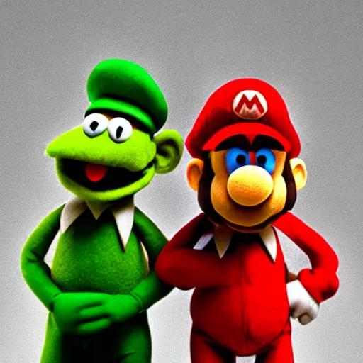 Image similar to A full body still of Mario and Luigi as muppets, photo real, photographic, photograph, artstation, trending, award winning, epic lighting, featured