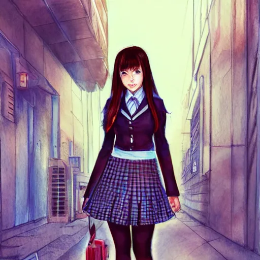 Image similar to a perfect, realistic professional digital sketch of a Japanese schoolgirl posing in a sci-fi alleyway, style of Marvel, full length, by pen and watercolor, by a professional American senior artist on ArtStation, a high-quality hollywood-style sketch, on high-quality paper