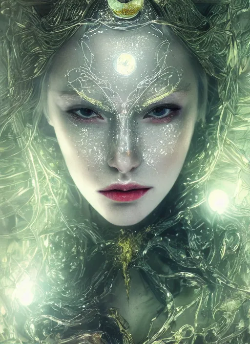 Image similar to glowing silver and golden elements, full close-up portrait, female model, dark witch, book cover, green forest, white moon, red lips, establishing shot, extremly high detail, photo-realistic, cinematic lighting, pen and ink, intricate line drawings, by Yoshitaka Amano, Ruan Jia, Kentaro Miura, Artgerm, post processed, concept art, artstation, matte painting, style by eddie, raphael lacoste, alex ross