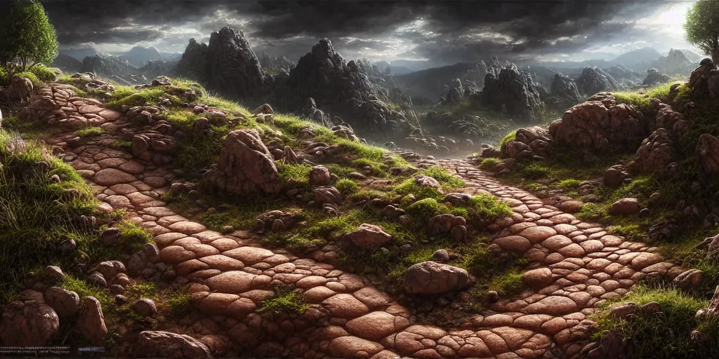 Image similar to hyperrealistic mixed media painting of a rocky dirt trail across a fantasy landscape, stunning 3d render inspired art by P. Craig Russell and Barry Windsor-Smith + dim volumetric lighting, dizzy, full body, 8k octane beautifully detailed render, post-processing, extremely hyperdetailed, intricate, epic composition, grim yet sparkling atmosphere, cinematic lighting + masterpiece, trending on artstation, very very detailed, masterpiece, stunning