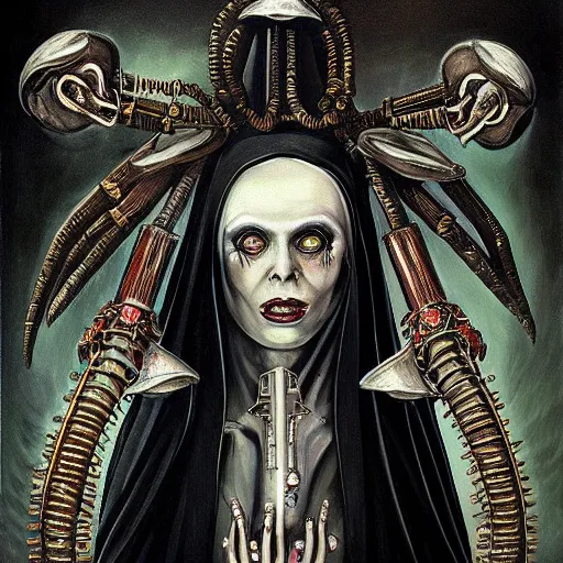 Image similar to beautiful painting of the acid witch nun surrounded by bells in the style of Welder Wings and H. R. Giger. Dark background, detailed, trending on Artstation