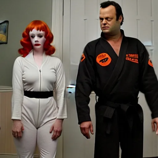 Prompt: vince vaughn as jack fenton, he is wearing an orange coveralls bodysuit with a black neck and a black belt, and christina hendricks as maddie fenton, she is wearing a tight teal coveralls bodysuit with a black neck and black belt, movie photo, spooky netflix still shot, they are looking for ghosts