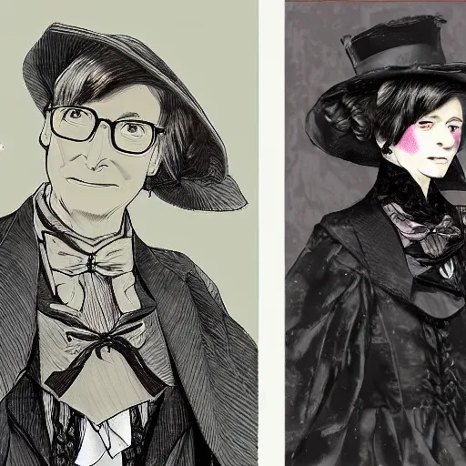 Image similar to Bill gates crossdressing in victorian gown, drawn in the style of yoji shinkawa, extremely detailed, detailed and realistic face