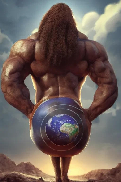 Image similar to a muscular man carrying the Earth on his back, big beard, bold, hyperrealistic, concept art, octane render, unreal engine 5, trending on Artstation, high quality, highly detailed, 8K, soft lighting, anatomically correct, five fingers, blue background, geometric, digital art, trending on DeviantArt, matte painting, fantasy style, dramatic lighting, cinematic