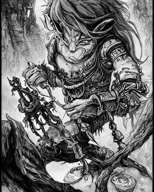 Image similar to A goblin merchant selling treasuries and potions, high detailed store, black and white, fantasy art, goblin art, in the style of masami kurumada, illustration, epic, fantasy, intricate, hyper detailed, artstation, concept art, smooth, sharp focus, ray tracing