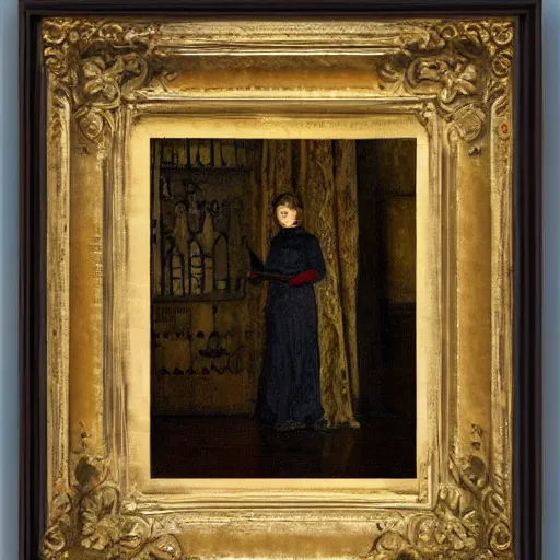 Image similar to young victorian woman in a castle reading a horror book by alfred stevens