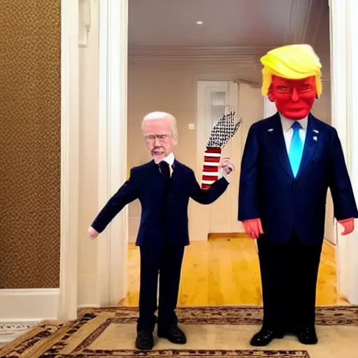 Prompt: tiny donald trump going trick or treating with joe biden, award winning photo