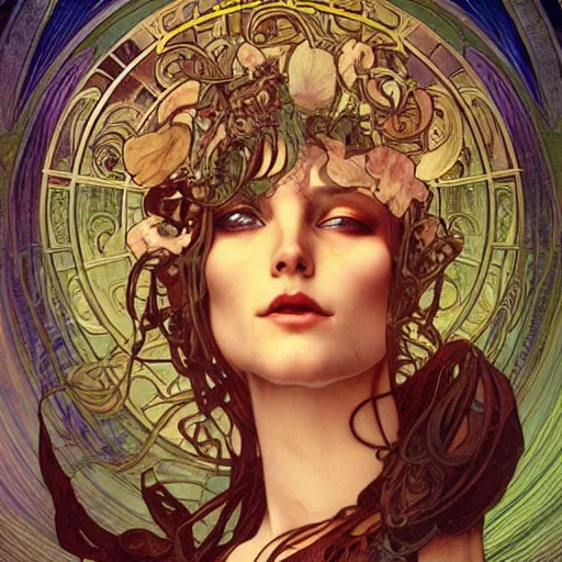 Prompt: realistic detailed face portrait of an alien goddess by Alphonse Mucha, Amano, Charlie Bowater, Karol Bak, Greg Hildebrandt, Jean Delville, and Mark Brooks, Art Nouveau, Neo-Gothic, gothic, rich deep moody colors