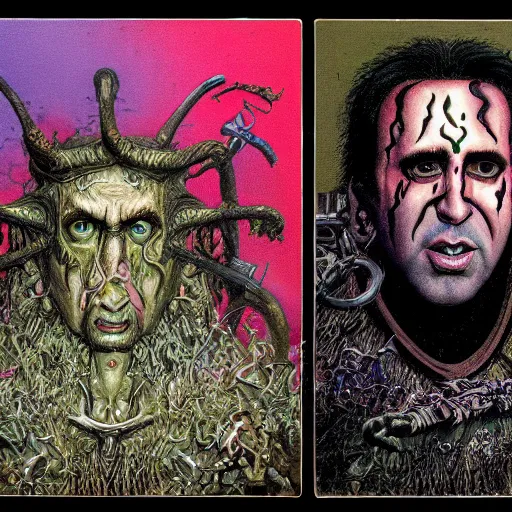 Image similar to Garbage Pail Kids trading card of Nicolas Cage as god of chaos in a hood dark fantasy, intricate, smooth, artstation, painted by Wayne Barlowe, zdislav beksinski