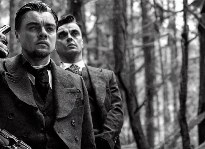 Prompt: an action scene from the movie scarface, medium long shot, costumes from peaky blinders, filmed in the dark woods, a cabin in the background, leonardo dicaprio and daniel day - lewis, sharp eyes, serious expressions, detailed and symmetric faces, black and white, cinematic, epic,