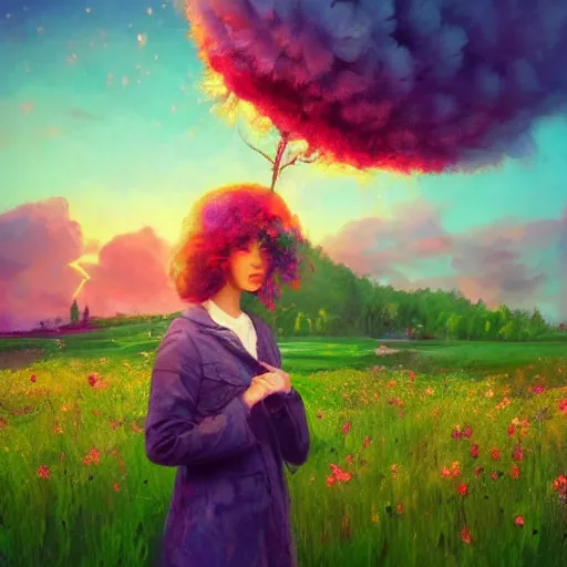 Prompt: girl with an exploding flower for a head, surreal photography, dream, standing in flower field, magical, in a valley, sunrise dramatic light, impressionist painting, colorful clouds, artstation, simon stalenhag, flower face