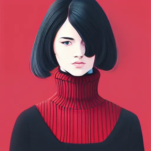 Image similar to girl in dark red turtleneck, black coat, elegant, 2d, ultra highly detailed, digital painting, smooth, sharp focus, artstation, portrait art by Ilya Kuvshinov