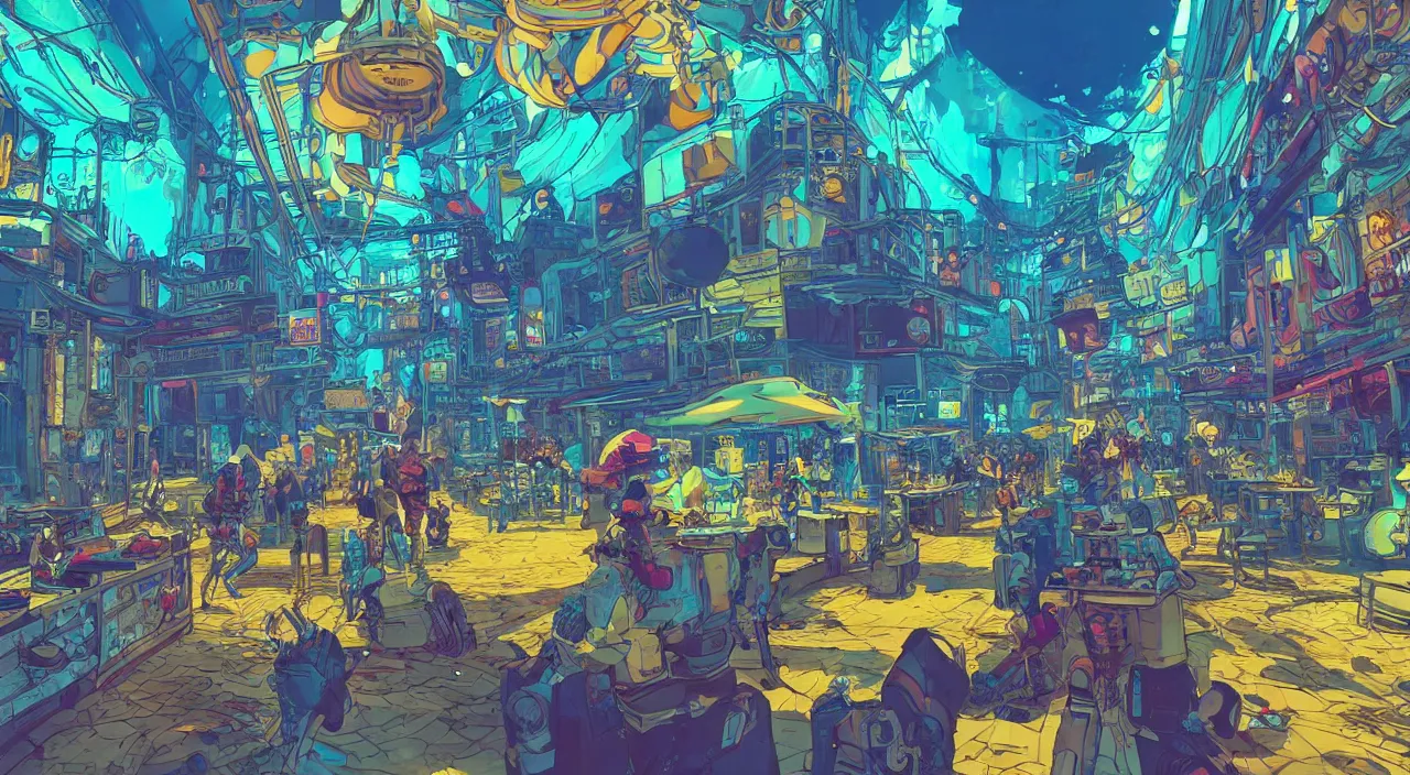 Image similar to bazaar zouk oriantal full color sky shine place mosquet painting stylized digital illustration video game icon global illumination ray tracing that looks like it is from borderlands and by feng zhu and loish and laurie greasley, victo ngai, andreas rocha, john harris