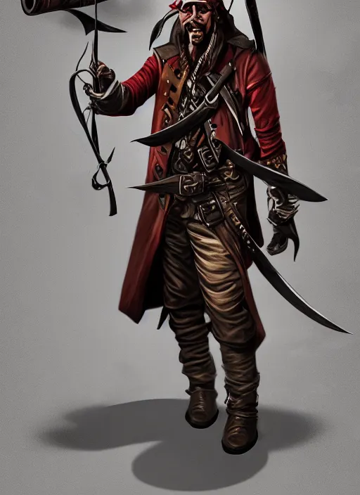 Prompt: pirate tiefling in a trenchcoat, two flint - lock pistols, digital art, cinematic, dramatic, artstation, highly detailed