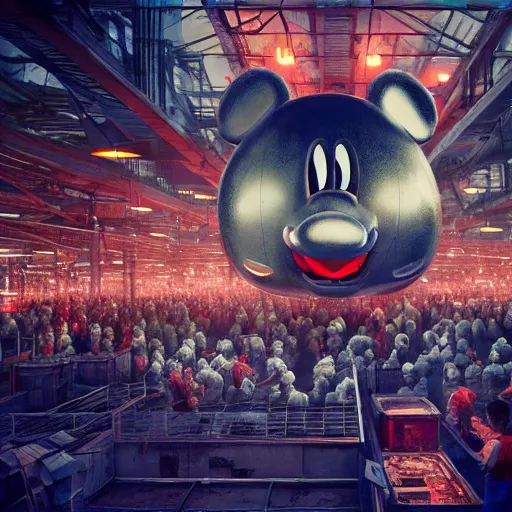 Image similar to a giant mickey mouse head, factory floor, surrounded by factory workers, octane render, cgstation, 3 d render, very detailed, mindblowing, blood and guts, gritty, cyberpunk, cinematic lighting, hyper realism