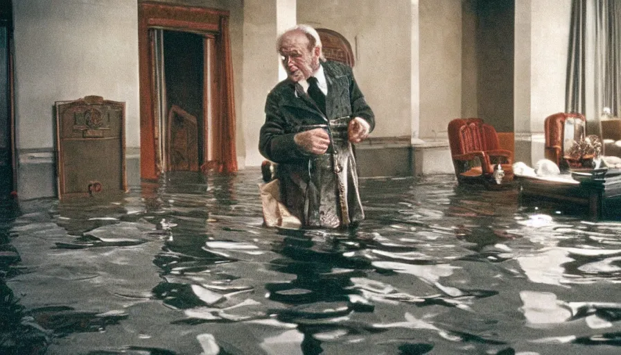 Image similar to 7 0 s movie still of an old manstanding in a soviet stalinist style palace flooded in blood, eastmancolor, heavy grain, high quality, high detail