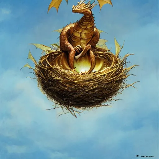 Image similar to long shot of a dragon nesting in a golden metal nest, by esao andrews, by m. w. kaluta, harmonic composition, volumetric light, fresh colors, ultra humorous oil painting, realistic reflections, floral background, smooth, concept art, depth perception, high depth of field, 4 k, unreal engine 5, ultradetailed, hyperrealistic, trending on artstation