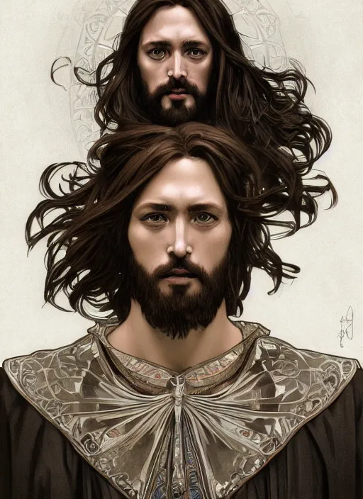 Prompt: detailed portrait of jesus companion, saints mode, dark and white, behance hd artstation, by moebius, alphonse mucha, ayami kojima, amano, greg hildebrandt, and mark brooks, masculine, male, art nouveau, neo - gothic, gothic, character concept design, dynamic light, stylised illustration, disco elysium, highly details