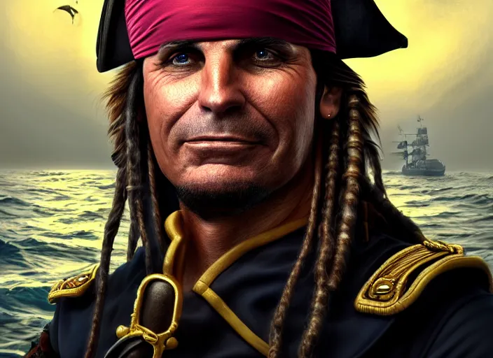 Prompt: highly detailed portrait of jair bolsonaro as a dread pirate captain, proudly posing at the helm of his frigate wearing a pirate hat, artstation, cinematic lighting, hyperdetailed, cgsociety, 8k, high resolution, insanely detailed and intricate