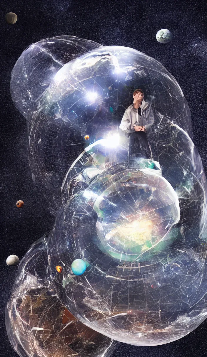 Prompt: a young man alone in one enormous transparent spherical capsule in the middle of outer space, digital art