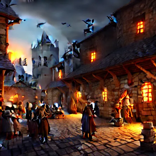 Prompt: busy medieval village, deviantart, unreal engine, artstation