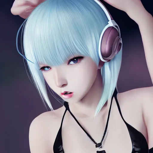 Image similar to realistic teasing detailed semirealism beautiful gorgeous cute Blackpink Lalisa Manoban white hair white cat ears blue eyes, wearing black camisole outfit, headphones, black leather choker full HD 4K high resolution quality WLOP, Aztodio, Taejune Kim, Guweiz, Pixiv, Instagram, Artstation