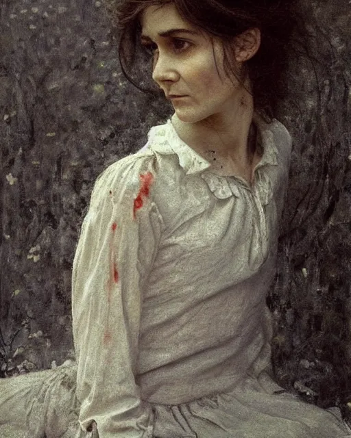 Image similar to a beautiful but sinister girl who looks like a young shirley henderson in layers of fear, with haunted eyes and crazy hair, 1 9 7 0 s, seventies, delicate embellishments, a little blood, crimson, painterly, offset printing technique, by jules bastien - lepage