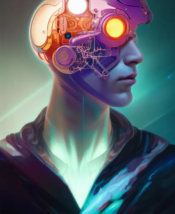 Image similar to a whirlwind inside the metaverse, guy, male, man, hologram, half body, neurochip, android, cyborg, cyberpunk face, by loish, d & d, fantasy, intricate, elegant, highly detailed, colorful, digital painting, artstation, concept art, art by artgerm and greg rutkowski and alphonse mucha