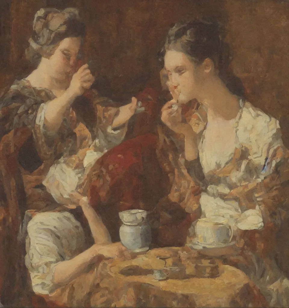 Prompt: rennaisance painting of a woman drinking tea, fine art