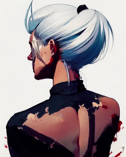 Image similar to a ultradetailed beautiful back painting of a stylish woman with white hair in a short pony tail, she is wearing jeans, by conrad roset, greg rutkowski and makoto shinkai trending on artstation