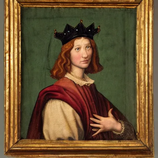 Prompt: a renaissance style portrait painting of Duck, wearing a crown and cape, dark background