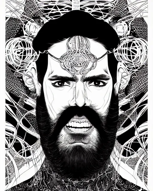 Prompt: hyper detailed illustration of a man with dark beard raving in a festival, intricate linework, lighting poster by moebius, ayami kojima, 9 0's anime, retro fantasy