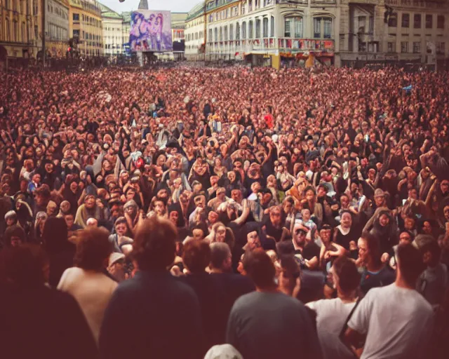 Image similar to crowd in vienna rage against mecha zack de la rocha with a broken leg, shot on kodak portra 4 0 0 3 5 mm film