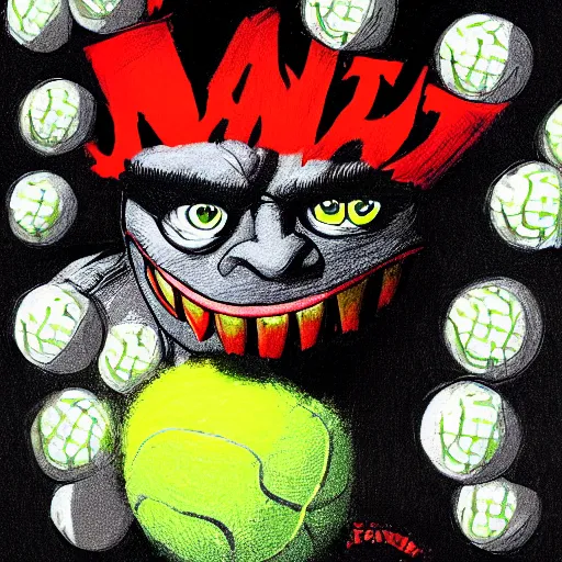 Image similar to a tennis ball monster ,tennis ball, joker, chalk, digital art, fantasy, magic, trending on artstation, ultra detailed, professional illustration by Basil Gogos