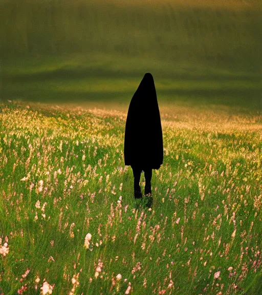 Image similar to tall hooded shadow person figure standing in distance at beautiful meadow of flowers, film photo, grainy, high detail, high resolution