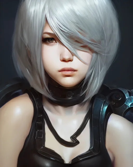 Image similar to league of legends portrait of 2 b nier automata, au naturel, hyper detailed, digital art, trending in artstation, cinematic lighting, studio quality, smooth render, unreal engine 5 rendered, octane rendered, art style by klimt and nixeu and ian sprigger and wlop and krenz cushart.