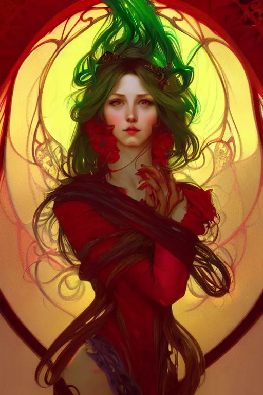 Image similar to green red yellow, dark fantasy, intricate, elegant, highly detailed, digital painting, artstation, concept art, matte, sharp focus, illustration, art by artgerm and alphonse mucha