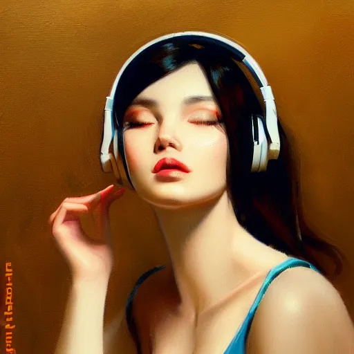 Image similar to a realism illustration of a beautiful woman with headphones dancing by bayard wu