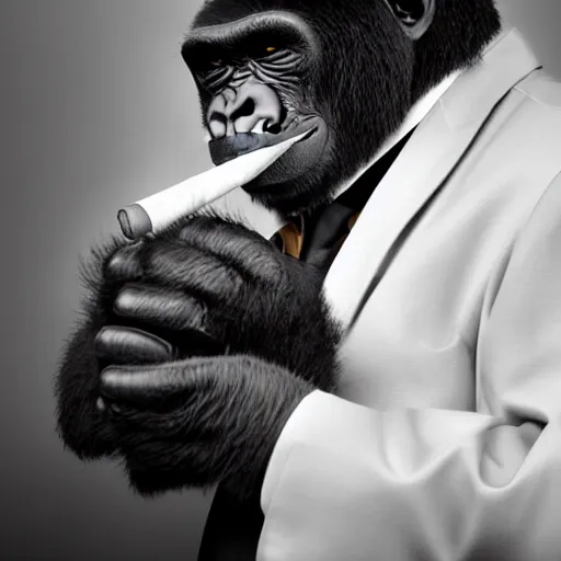 Image similar to a professional, award-winning photograph of a gorilla wearing a suit and smoking a cigar, chiaroscuro