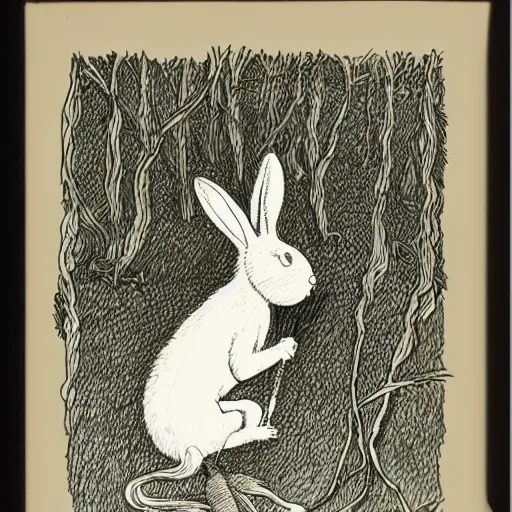 Prompt: drawing of a white bunny smoking a big cigarette in the deep tangled forest, by edward gorey, by gustav dore