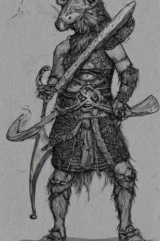 Prompt: full body character concept art of Seohaid of the Murine Hordes, a La Tene Culture Celtic chieftain and warrior, resplendent and proud of bearing. Has a one-eyed rat as a familiar. Eoghaill is the leader of an Comlagh Naomh a group of Iron Age Celtic mercenaries. high quality high detail realistic painting in the style of Angus McBride, Rebecca Guay, and Michael William Kaluta.
