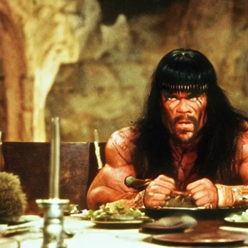 Prompt: conan the barbarian at dinner table