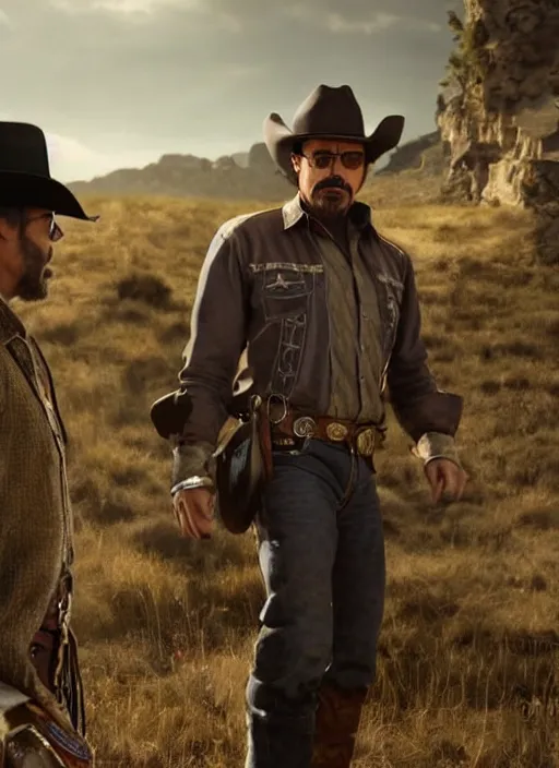 Image similar to an film still of robert downey jr as cowboy with beard, western background, unreal engine. amazing likeness. very detailed.