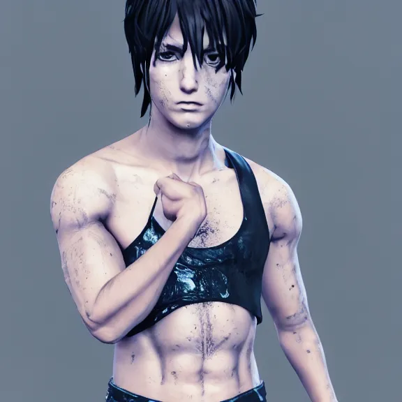 Image similar to 3 d render of a smug emo anime boy in a wet see - through crop top, fantasy artwork, fluffy hair, mid - shot, award winning, hyper detailed, very very very beautiful, studio lighting, artstation, unreal engine, unreal 5, 4 k, octane renderer