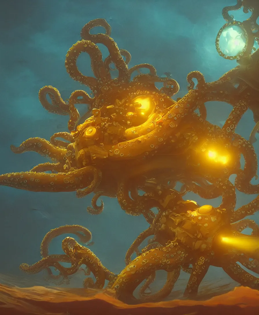 Prompt: giant octopus grabbing a small yellow submarine underwater, illustrated by simon stalenhag and gaston bussiere, beautiful volumetric lighting style atmosphere, intricate, ultra detailed, photorealistic imagery, trending on artstation, octane render, 8 k